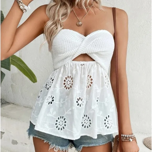 Tops Boho White Eyelet Sheer Lace Embroidery Twist Front Cut Out
